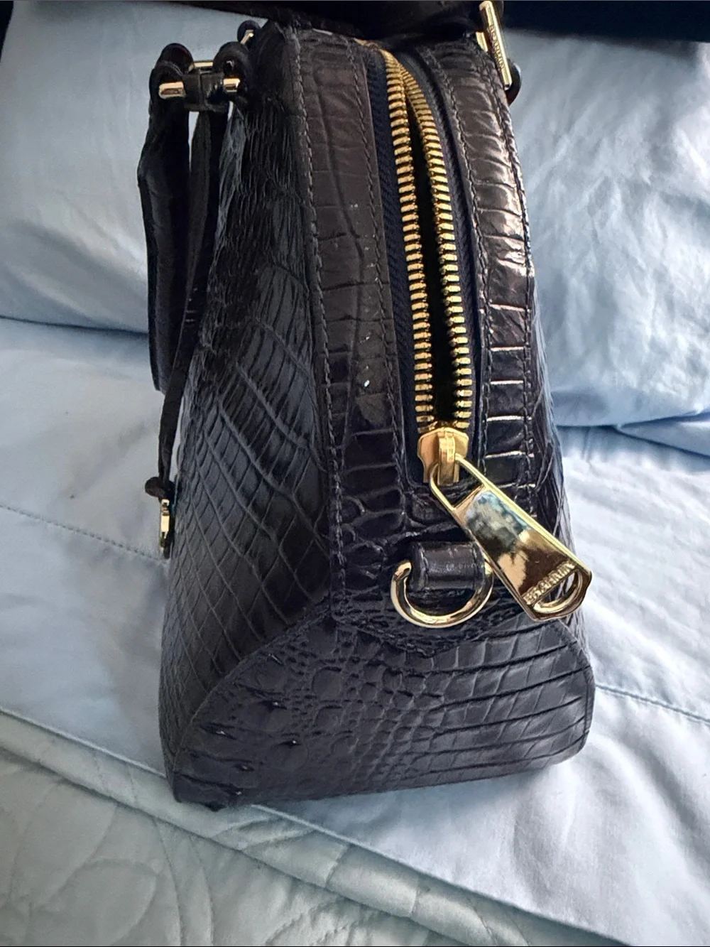 Brahmin Ink Blue Croc-Embossed Satchel with Gold Charm